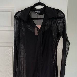 Black Collared Mesh Midi Shirt Dress